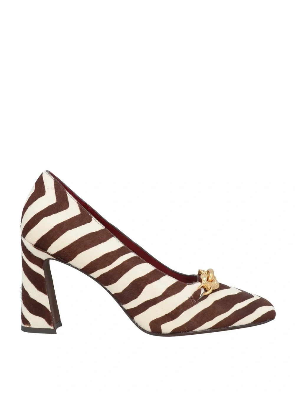 Tory Burch brown and ivory calf hair zebra print pumps with gold chain link